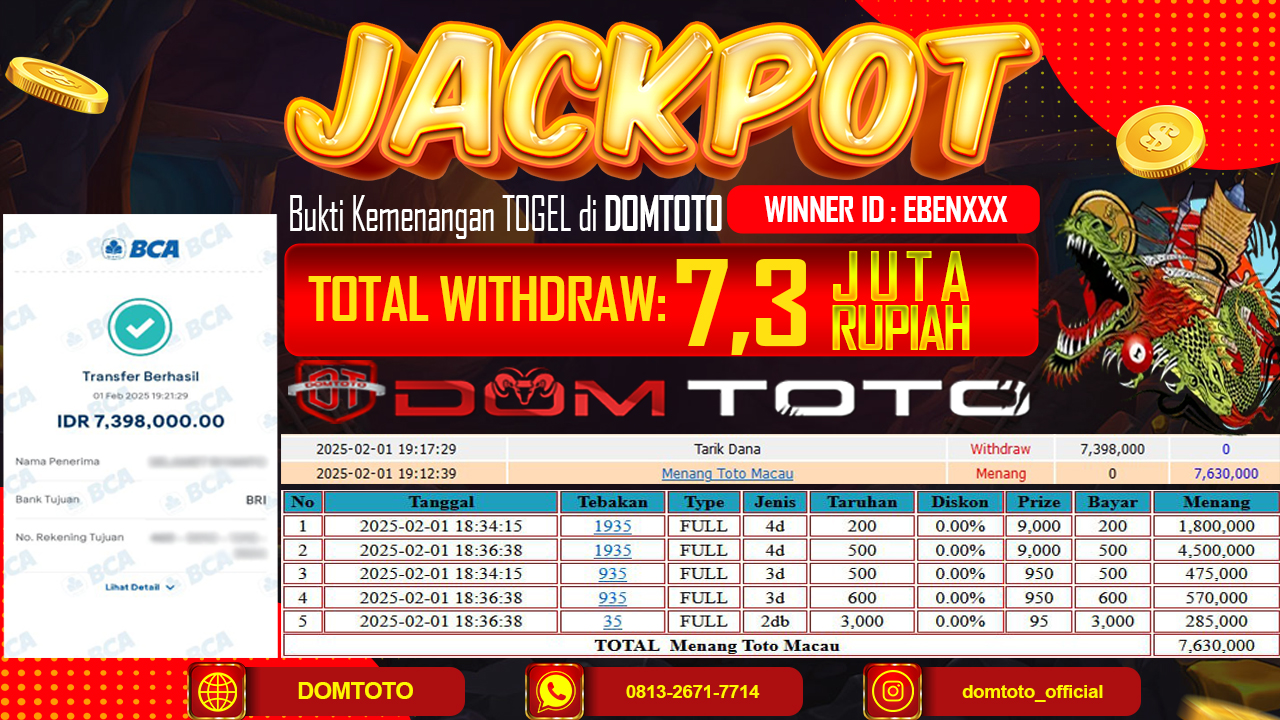 JACKPOT TOGEL TOTOMACAU 4D 1 FEBRUARI 2025
